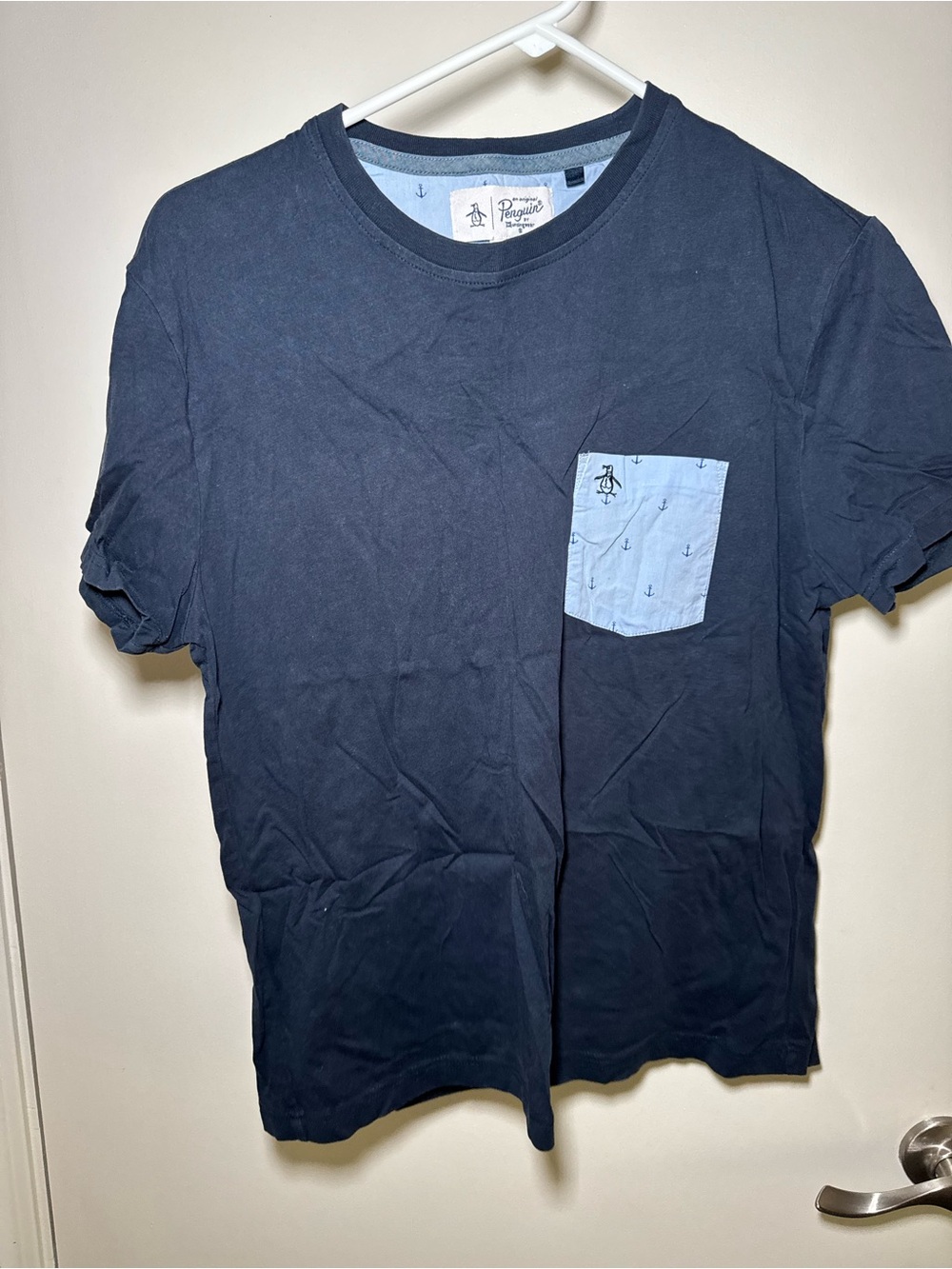 Original Penguin Navy T-Shirt with Light Blue Anchor Pocket